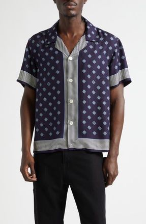 Bode Foyer Diamond Print Short Sleeve Silk Button-Up Shirt in Navy Blue at Nordstrom, Size X-Large
