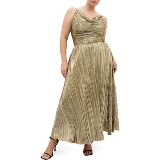 City Chic Kamila Pliss&eacute; Metallic Sleeveless Maxi Dress in Bronze at Nordstrom, Size Xxxs