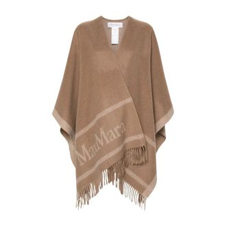 Max Mara Jassen, Dames, Beige, ONE Size, Wol, Wollen Jacquard Logo Cape met Franje