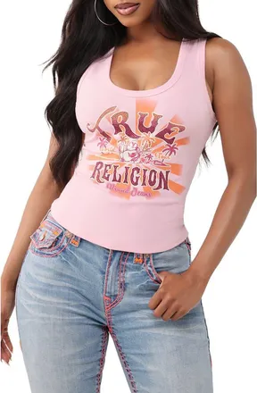 True Religion World Tour Logo Cotton Graphic Tank in Orchid Pink at Nordstrom, Size Xx-Large