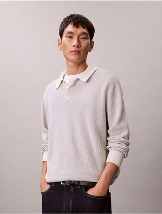 Calvin Klein Mens Smooth Cotton Waffle Polo Sweater - Grey - 2XL