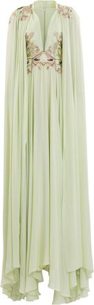 Saiid Kobeisy Reed-Colored Crepe Maxi Dress with Elegant Cape and Embroidery