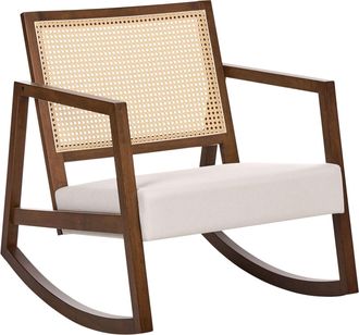 Beliani Poltrona A Dondolo Imbottita Con Schienale Intrecciato Struttura In Legno Di Gomma Tessuto Marrone E Beige Chiaro Leidy