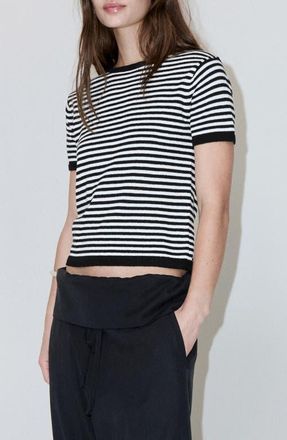 Mango Striped Short Sleeved Sweater in Black at Nordstrom, Size X-Small