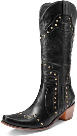 Generic Womens Western Cowboy Boots Mid-Calf PU Leather Denim Material Metal Stud Detail Pointed Toe Low Block Heels Stylish Comfortable Non-Slip Durable Desi