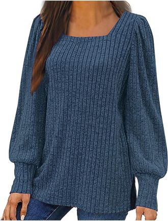 Generic Jumpers for Women UK Ribbed Knit Square Neck Puff Sleeves Ladies Sweatshirt Plain Elegant Pullover Tops Stylish Loose Fit Fall Winter Sweatshirt Casua