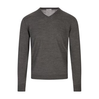 Fedeli V-neck Knitwear, male, Gray, Size: 5XL V-Neck Pullover in Grey Wool