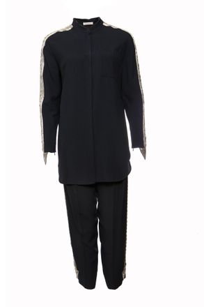 Chlo&eacute; Donkerblauwe broek (36/XS) en blouse (38/S) met zilveren borduursel langs de mouwen en benen