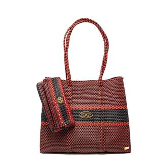 Lola's Bag Womens Travel Woven Striped Tote Bag With Clutch In Red/black
