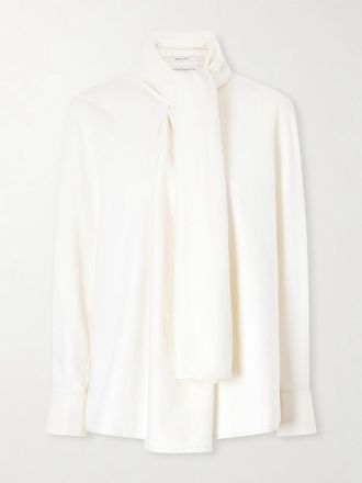 Another Tomorrow Blusa In Chambray Di Cotone Con Collo Lavalli&egrave;re - Ecru