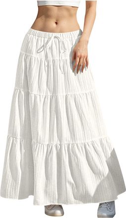 Generic Mrat Skirts for Women UK Drawstring Elastic High Waist Maxi Skirts Pleated A Line Skirt Ladies Elegant Tiered Flowy Summer Casual Skirt Solid Color Lo