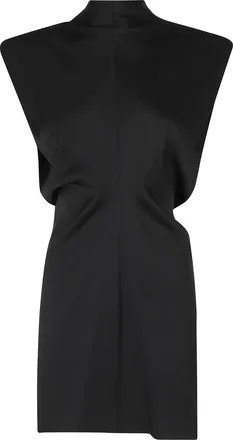 Federica Tosi Black Padded Straps Front Pleat Acetate-Blend Mini Dress