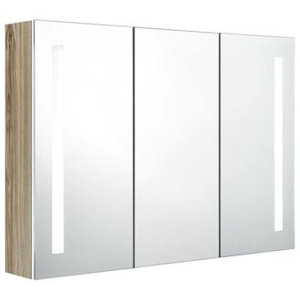 Berkfield Home LED Bathroom Mirror Cabinet 89x14x62 cm White & Oak | Size: 89 x 14 x 62 cm