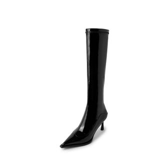Generic Womens Patent Leather Long Boots with Zipper Pointed Toe Knee High Boots Stiletto High Heel Party Prom Shoes,Black Single Lining,4.5 UK
