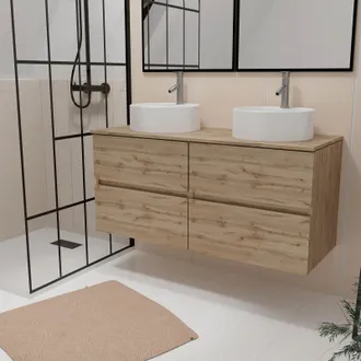 Aurlane Aurlane - Mueble De Ba&ntilde;o 120cm 4 Cajones Roble Natural + 2 Lavabos Blancos &Oslash;41cm