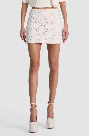 Alice & Olivia Riley Floral Embroidered Eyelet Denim Miniskirt in Off White at Nordstrom, Size 30