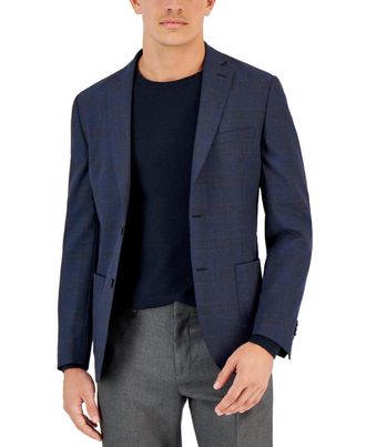 Bar III Mens Slim Fit Navy Windowpane Blazer