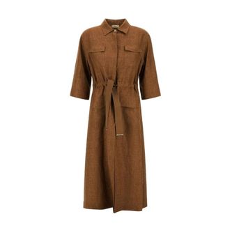 Herno Linnen midi jurk met trekkoord - Dames - Shirt Kleedjes - Bruin - XS - Linnen - Kleedjes