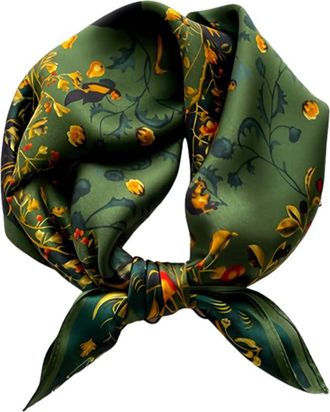 Generic 100% Real Mulberry Silk Women Small Square Neck Scarfs 21 Lightweight Headscarf Fashionable Printed Neckerchief (Green-Flowers)