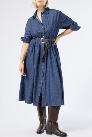 Marina Rinaldi Jimco Rhinestone Detail Long Sleeve Denim Shirtdress in Navy at Nordstrom, Size 20W