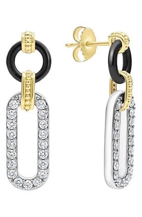Lagos Signature Caviar Diamond & Black Ceramic Link Drop Earrings at Nordstrom