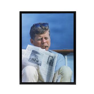 Artery8 President John F Kennedy Cigar & Newspaper Framed Canvas Wall Art Print in Blue | Size: W24 x H32