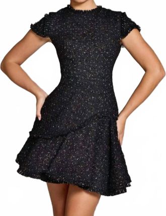 Jovani Cap Sleeve A-Line Tweed Dress With Frayed Edges In Black