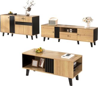 STILVORA Conjunto De Muebles De Sal&oacute;n Con 1 Mesa De Centro, 1 Mueble Tv Y 1 Aparador Con Led, Para Sal&oacute;n Moderno, Vidrio Y Tablero De Part&iacute;culas, Negro Y Mader