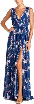 Mac Duggal Womens Sleeveless Pleated Chiffon V-Neck Gown in Blue Multi at Nordstrom, Size 10