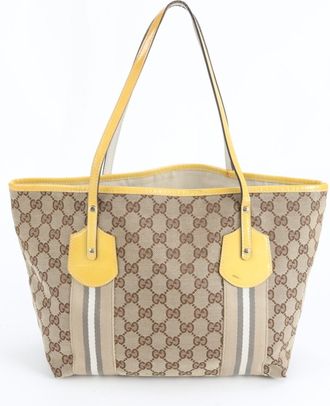 Gucci Beige Light Brown Leather Canvas Handbag Shoulder Bag Tote Bag (Pre-Owned)