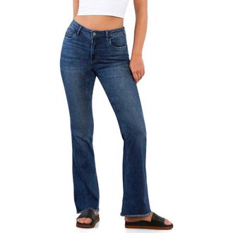 HINT OF BLU Fun Frayed Mid Rise Slim Flare Jeans in Endless Blue at Nordstrom, Size 28