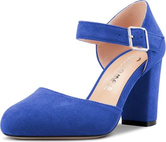 Castamere Women Chunky Block High Heel Close Round Toe Two-Piece Pumps Court Shoe Buckle Wedding Party Dress Shoes 8.5 CM Heels Royal Blue 2.5 UK