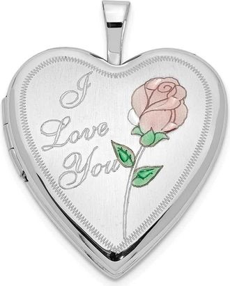 Diamond2Deal 14K White Gold Pink and Green Enamel Rose I LOVE YOU Script 20mm Heart Locket