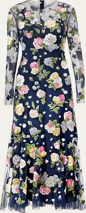 Carolina Herrera Floral Embroidered Tulle Long-Sleeve Midi Dress