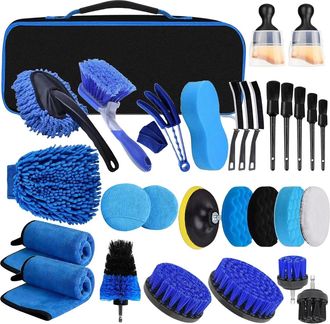 OEM Juego De Limpieza Para Coche - 31 Piezas - Cepillos Para Taladro Y Detallado - Para Interior Y Exterior - Set Completo Con Bolsa De Almacenamiento