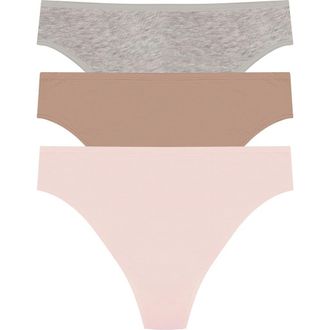 Natori Bliss Bare Cotton Thong 3-Pack in Lt Grey Heathr/buff/peach Whip at Nordstrom, Size Xx-Large