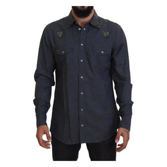 Dolce & Gabbana Crystal Bee Shirt - Heren - Casual Overhemden - Blauw - S - Katoen - Overhemden