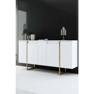Dmora Aparador Betel, Buf&eacute; De Sal&oacute;n, Aparador De Sal&oacute;n, Despensa De Cocina, 160x35h80 Cm, Blanco Y Oro, Con Embalaje Reforzado - Dmora