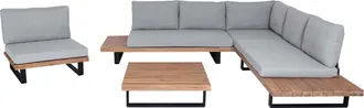 Hhg [non Utilizzato] Set Salotto Giardino Esterno Salottino Poltrona Hhg-469 Legno Acacia Alluminio Marrone Chiaro Con Cuscini Grigio Chiaro