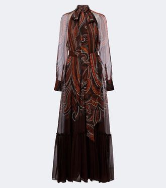 Etro Vestido largo de seda con paisley y lazada
