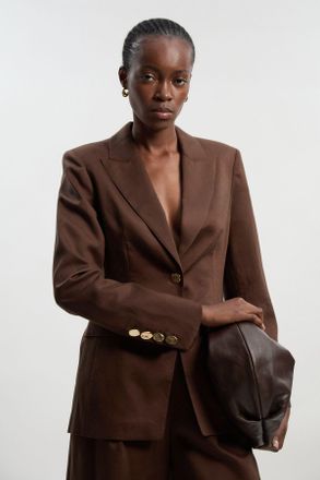Karen Millen Womens Tailored Linen Single Breasted Blazer - Chocolate Lyocell - Size 14 UK