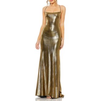 Mac Duggal Metallic Corset Back Column Gown in Antique Gold at Nordstrom, Size 12