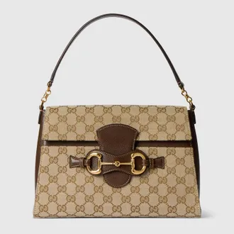 Gucci Medium Top Handle Bag With Horsebit, Beige, GG Canvas