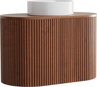 Vente-Unique Mobile Lavabo Sospeso In Teak Con Lavabo Da Appoggio Rotondo Naturale Scuro 90 Cm - Towari