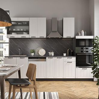 Vicco Mueble De Cocina Fame-line, Casa De Campo Blanca/antracita, 300 Cm Con Armario Alto, Sin Encimera