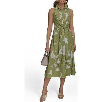 DKNY Sleeveless Linen Blend Shirtdress in Kiwi/Cream at Nordstrom, Size 10