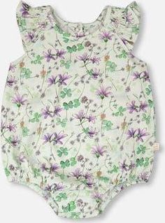 Deux par Deux Jersey Printed Flowers Romper in Green Floral Print at Nordstrom, Size 18M