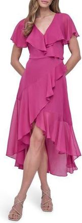 DKNY Ruffle Short Sleeve Faux Wrap Midi Dress in Festival Fuchsia at Nordstrom Rack, Size 16