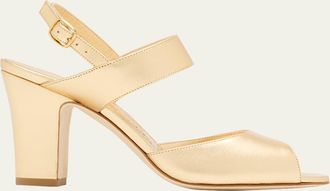 Manolo Blahnik 90mm Khiko Metallic Leather Peep-Toe Slingback Sandals