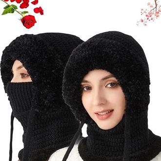 Generic 3 in 1 Beanie Hat with Scarf and Mask, 3 in 1 Beanie Hat for Women, One Size, Winter Snow Caps Plush Earmuff Hats (Black)